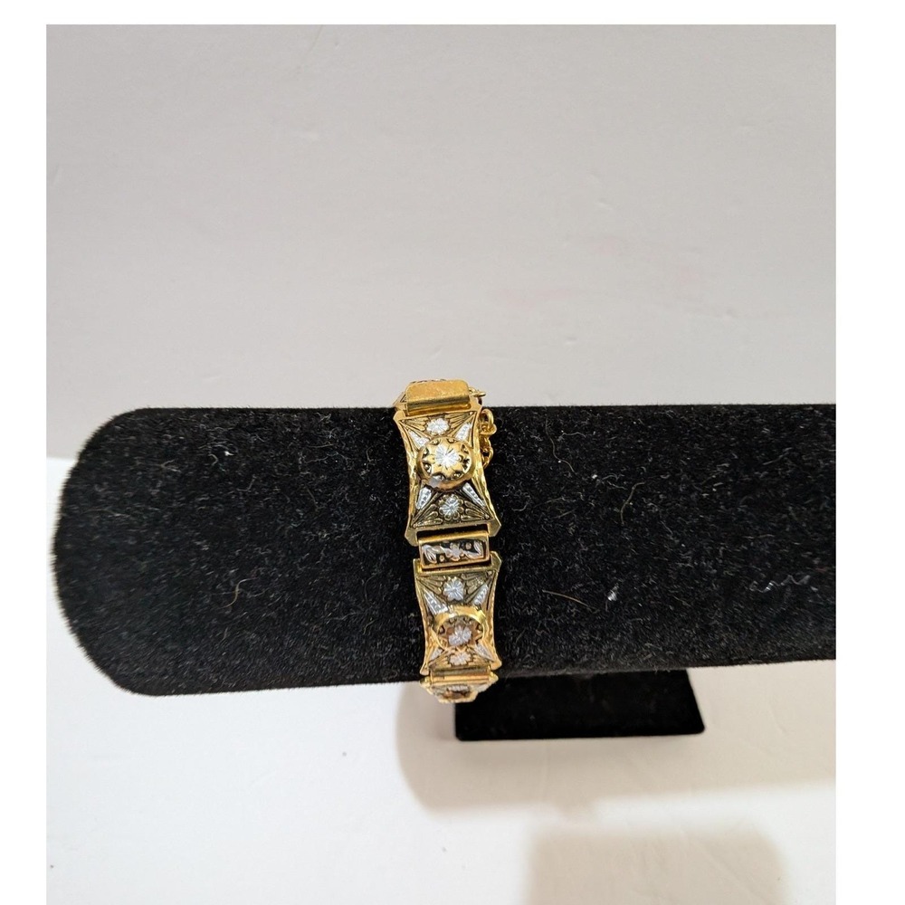 Vintage Gold Tone Art Deco Rhinestone Link Bracelet with Safety Chain 7.25 Inch